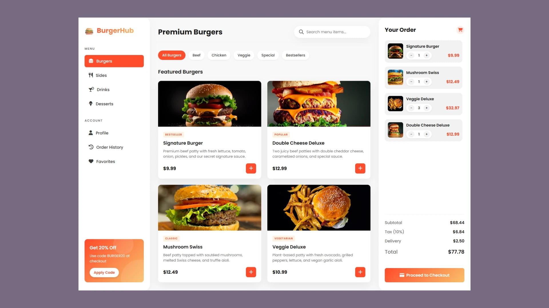 Create a Burger Ordering Dashboard with HTML, CSS, and JavaScript